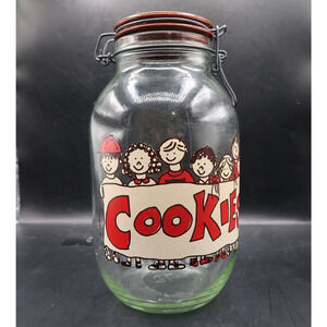 Carlton Glass 3 Liter Cookie Jar Kids Wire Locking Enamel Lid 1982 Vintage